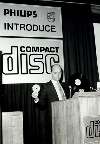 Joop Sinjou of Philips introduces the Compact Disc (CD) in 1982