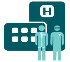Illustrated icon of a hospital and two healthcare professionals