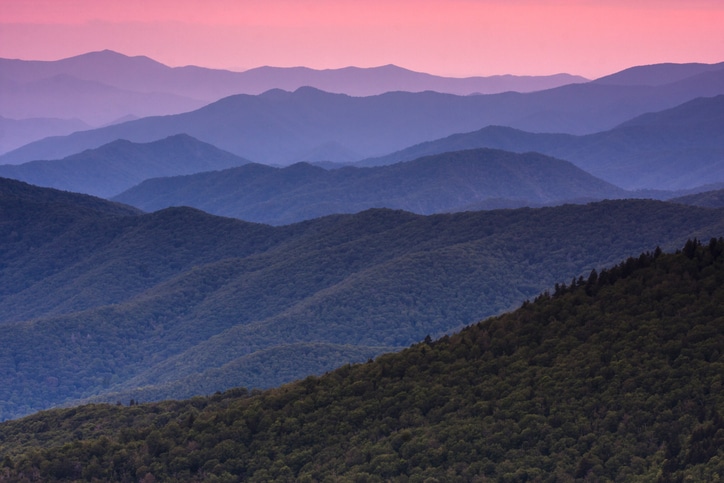 The Great Smoky Mountains in Tennessee at dusk.
