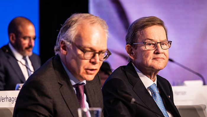 Chairman Feike Sijbesma and a member of the Board of Management Marnix van Ginneken during Philips AGM 2025 -  